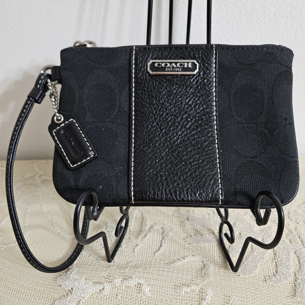 Signature Coach Black Leather Canvas Monogram Zipper Wristlet Wallet